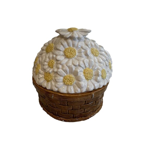 Vintage 90’s Basket Weave Daisies On Top Canister Storage Jar - Picture 3 of 7